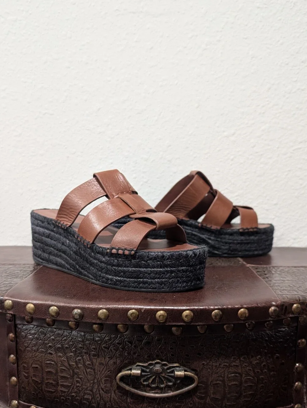 Vince Mahogany Leather Espadrille Platform Wedge Slide Sandals - Size 9M